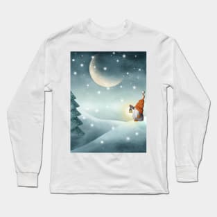 Scandinavian gnome on winter landscape watercolor illustration. Nordic tomte gnome with Christmas tree. Moonlight snow forest Long Sleeve T-Shirt